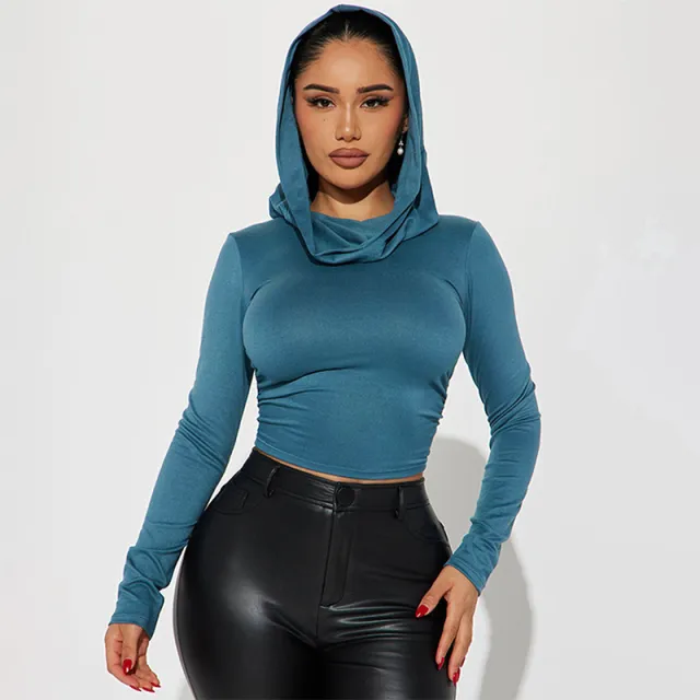 Hooded Long sleeved T shirt Female Personality Blue - Shop at LoveMi