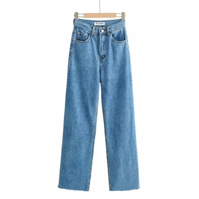 New Women's Raw Hem High Waist Denim Trousers Dark Blue - Shop at LoveMi