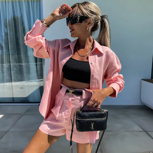 European And American Fashion Casual Summer Suit Women's Long sleeved Shorts Pink - Shop at LoveMi