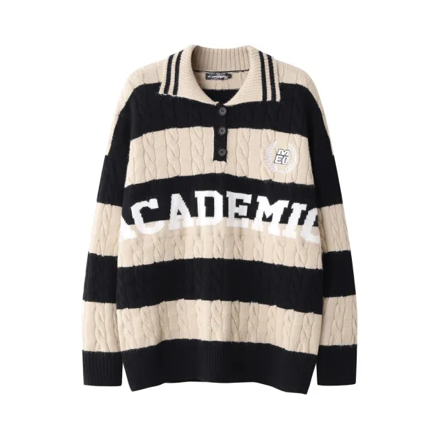 Contrast Color Striped Letters Embroidered Pullover Sweater Apricot - Shop at LoveMi