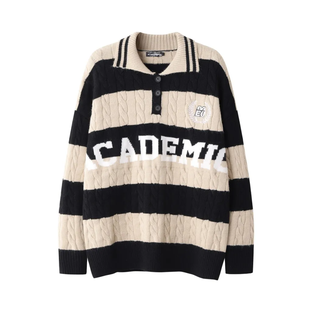 Contrast Color Striped Letters Embroidered Pullover Sweater - Apricot
