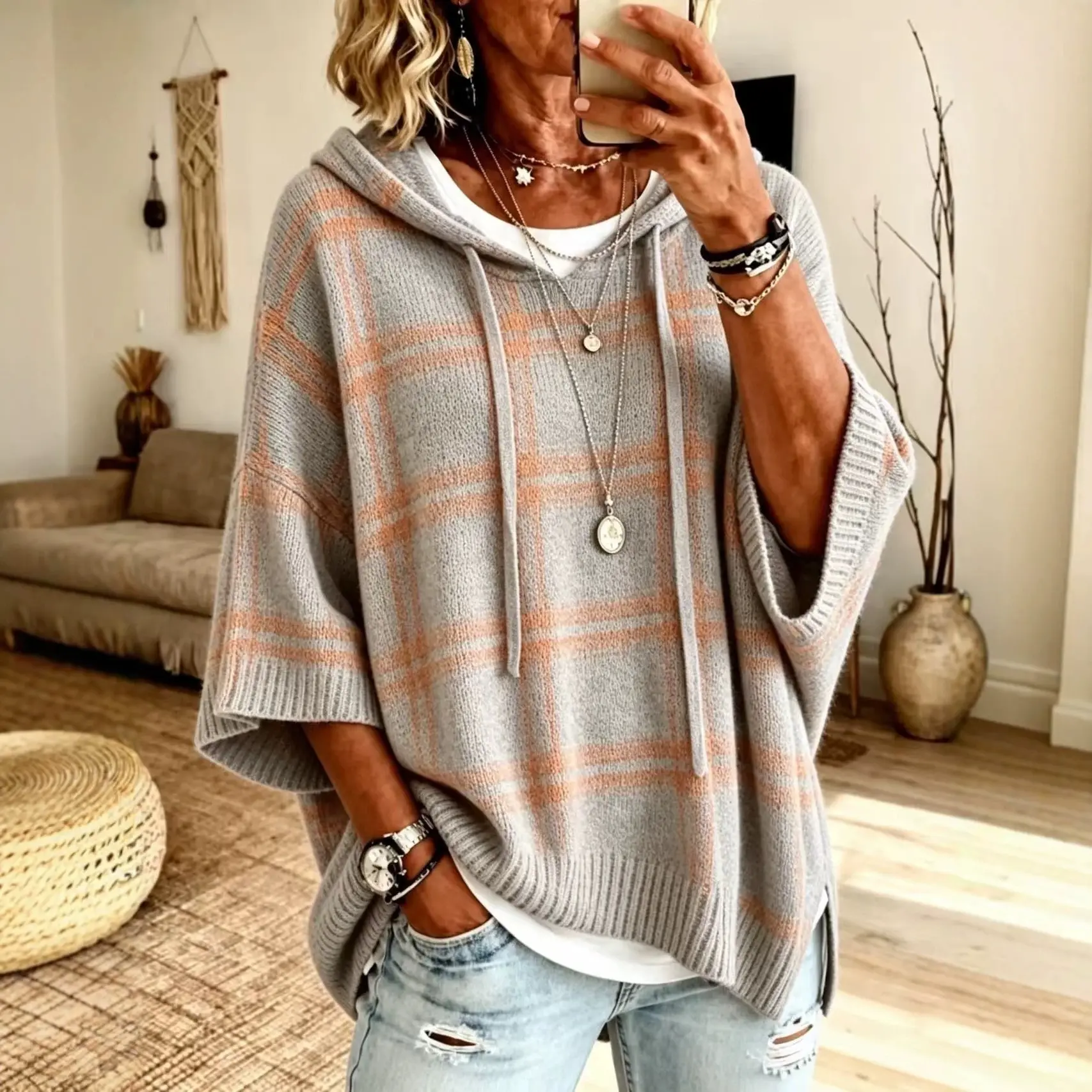 Womens Knitted Hooded Drawstring Sweatshirt Sweater