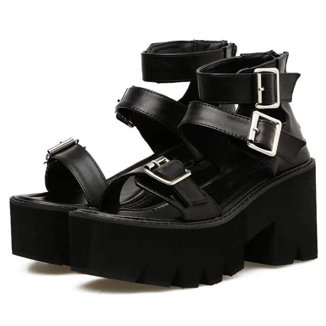 Punk Harajuku Street Thick Bottom Chunky Heel Women's Sandals Black - Shop at LoveMi