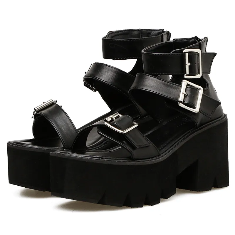 Punk Harajuku Street Thick Bottom Chunky Heel Women's Sandals - Black