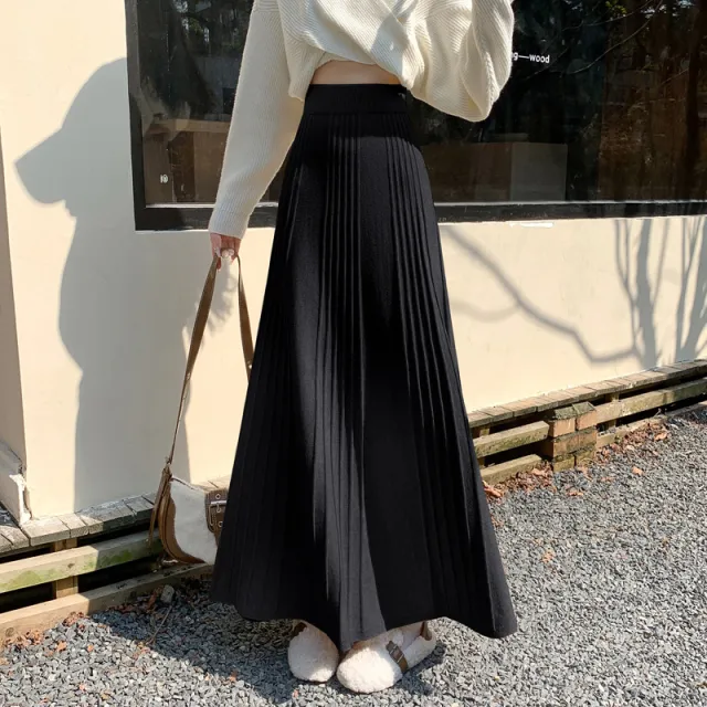 High waisted Figure flattering Thickened Pleated Knit Skirt Black - Shop at LoveMi