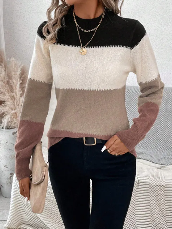 Contrast Color Pullover Round Neck Long Sleeves Knitwear Casual Sweater Camel - Shop at LoveMi