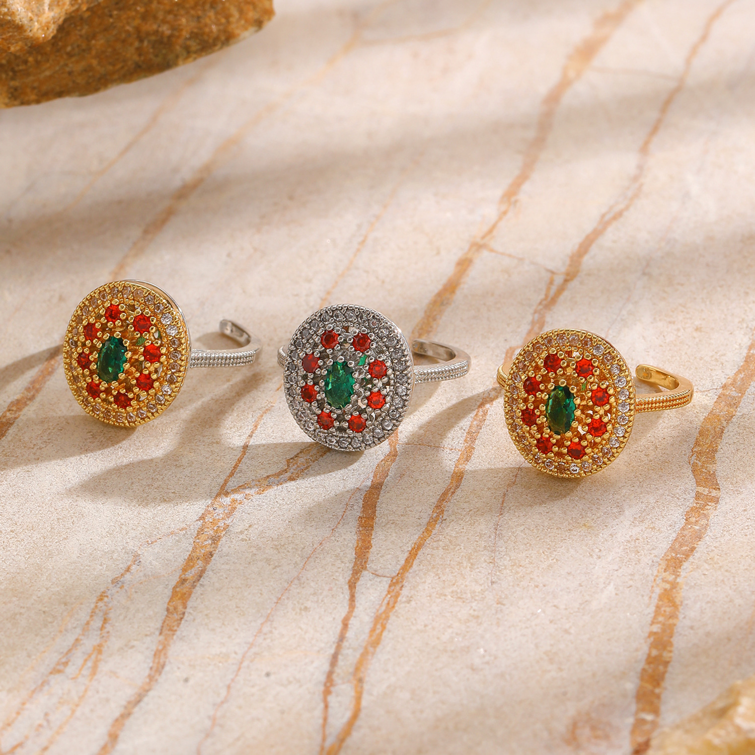 Light-luxury Copper Inlaid With Colorful Zircons French-style Vintage Womens Finger Ring