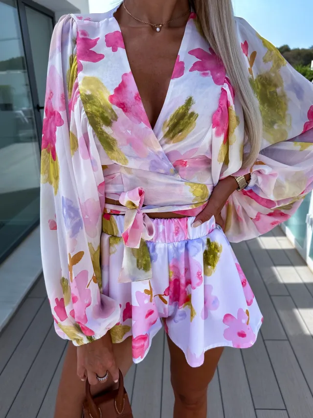 Chiffon Pleated Lantern Sleeve Long Sleeve V neck Shirt Elastic Waist Straight Shorts Printing Suit White - Shop at LoveMi