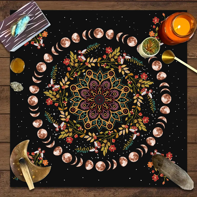 Tarot tablecloth board game decorative cloth with power mandala moon phase floral butterfly design.