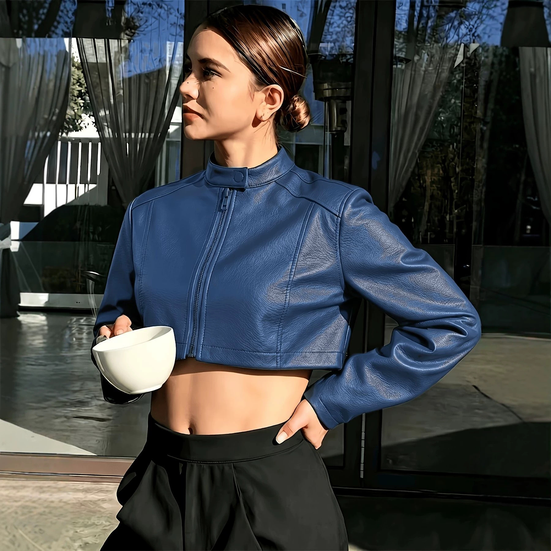 Jachetă casual damă din piele cu guler în picioare, culoare solidă