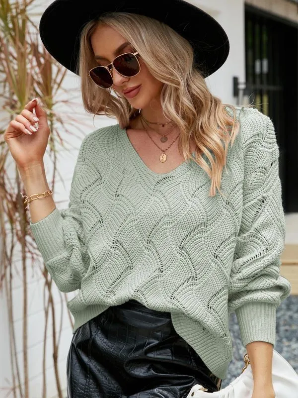 Women's Long sleeved Solid Color Pullover Loose Sweater Green - Shop at LoveMi