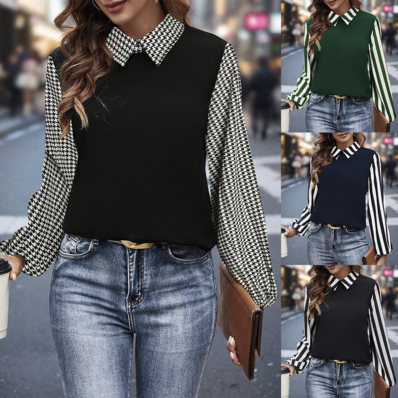 Long-sleeved Striped And Plaid Shirt With A Turn-down Collar