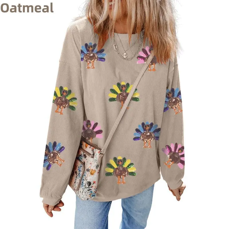 Women's Fashion Print Loose Long Sleeve Sweater - Beige Turkey