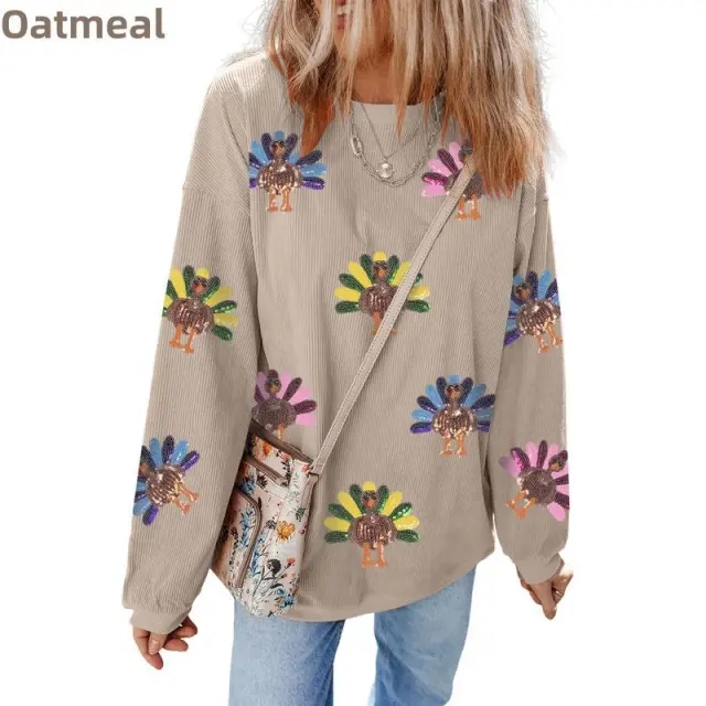 Women's Fashion Print Loose Long Sleeve Sweater Beige Turkey - Shop at LoveMi