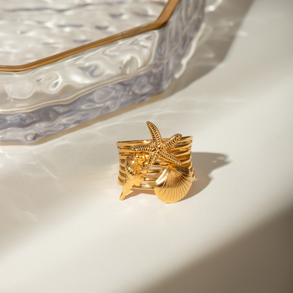 18k Gold Stainless Steel Starfish Conch Shell Open Ring