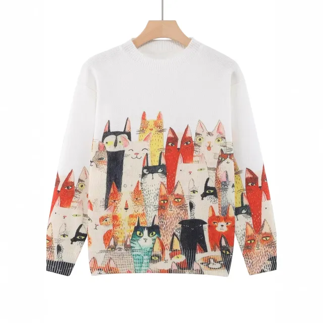 Plus Size Women's Knitted Cute Cat Casual Fashion Pullover Top Color - Shop at LoveMi