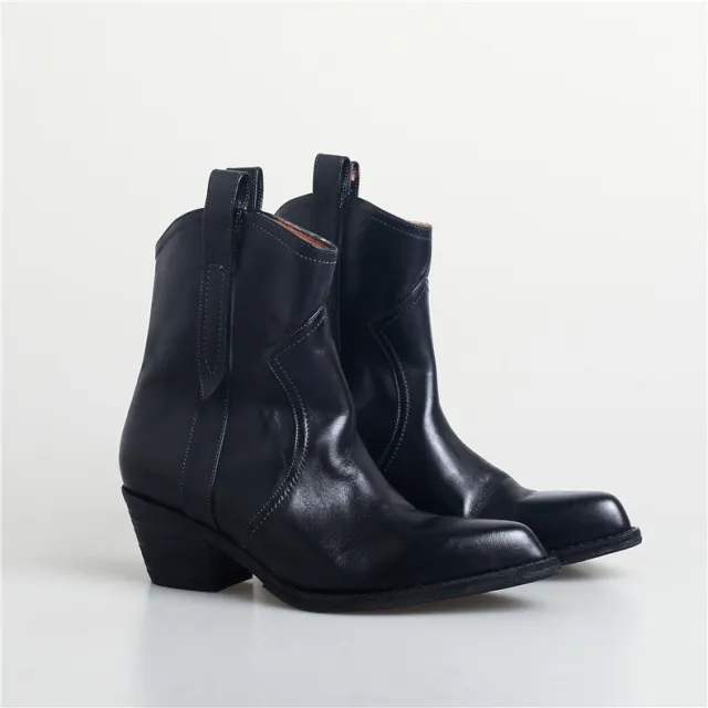 Retro V Cut Pointed Ankle Boots Women's Riding Chunky Heel Boots Black - Shop at LoveMi