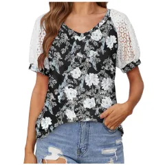 V-neck Lace Stitching Casual T-shirt For Women - Printing Five - View 1