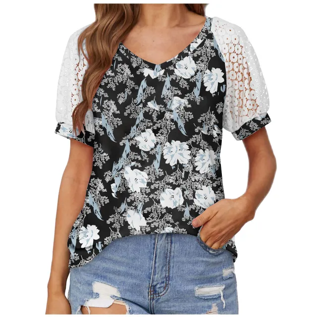 V neck Lace Stitching Casual T shirt For Women Printing Five Xxxl - Shop at LoveMi