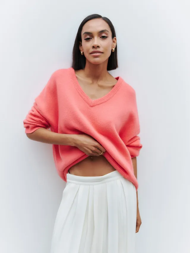 Internet Hot Sweater V neck Loose Long Sleeve Peach - Shop at LoveMi