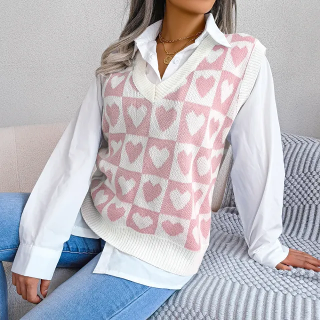 College Style Heart Knitted Vest Sweater Pink - Shop at LoveMi