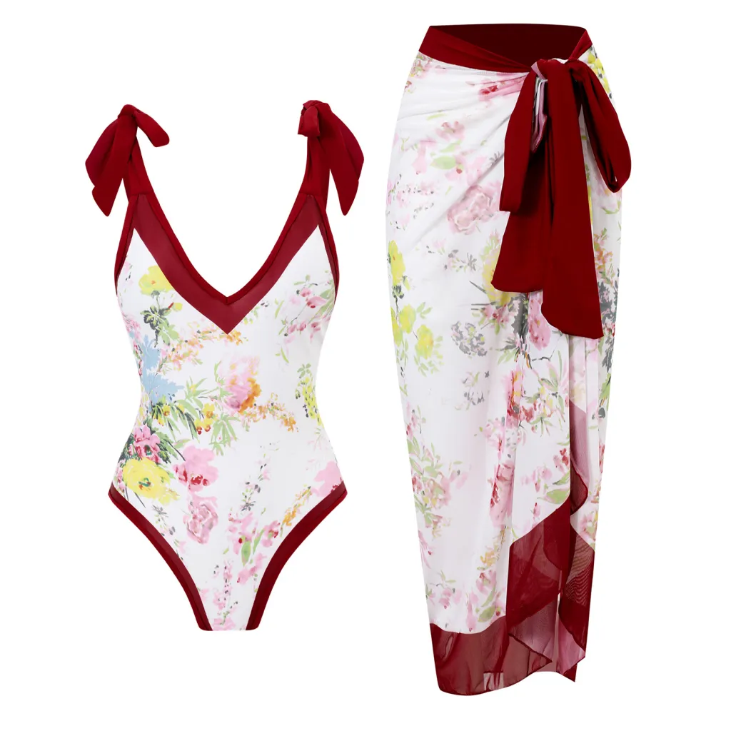 Swimsuit Women's One-piece Skinny Print Chiffon Dress Two Piece Swimwear - Wine