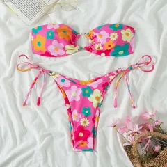 Tube Top Sexy Print Bikini - Pink - View 1