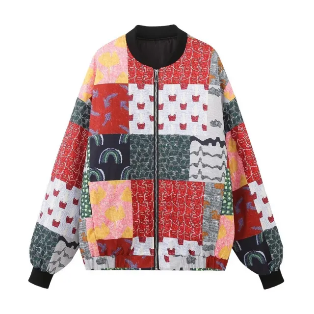 Fashion Vintage Print Color Contrast Short Casual Warm Cotton Coat Color - Shop at LoveMi