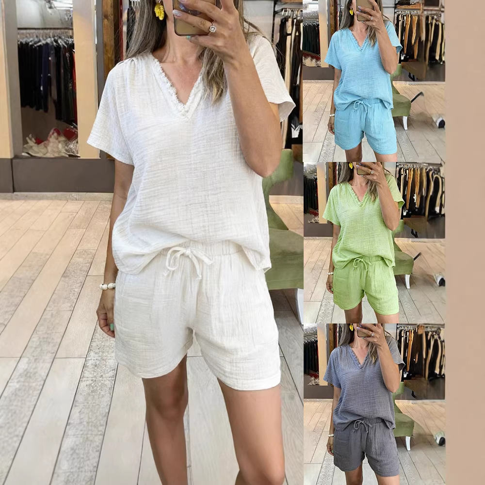 Womens Casual V-Neck Pullover Short-Sleeve Top And Shorts Set - Image 1