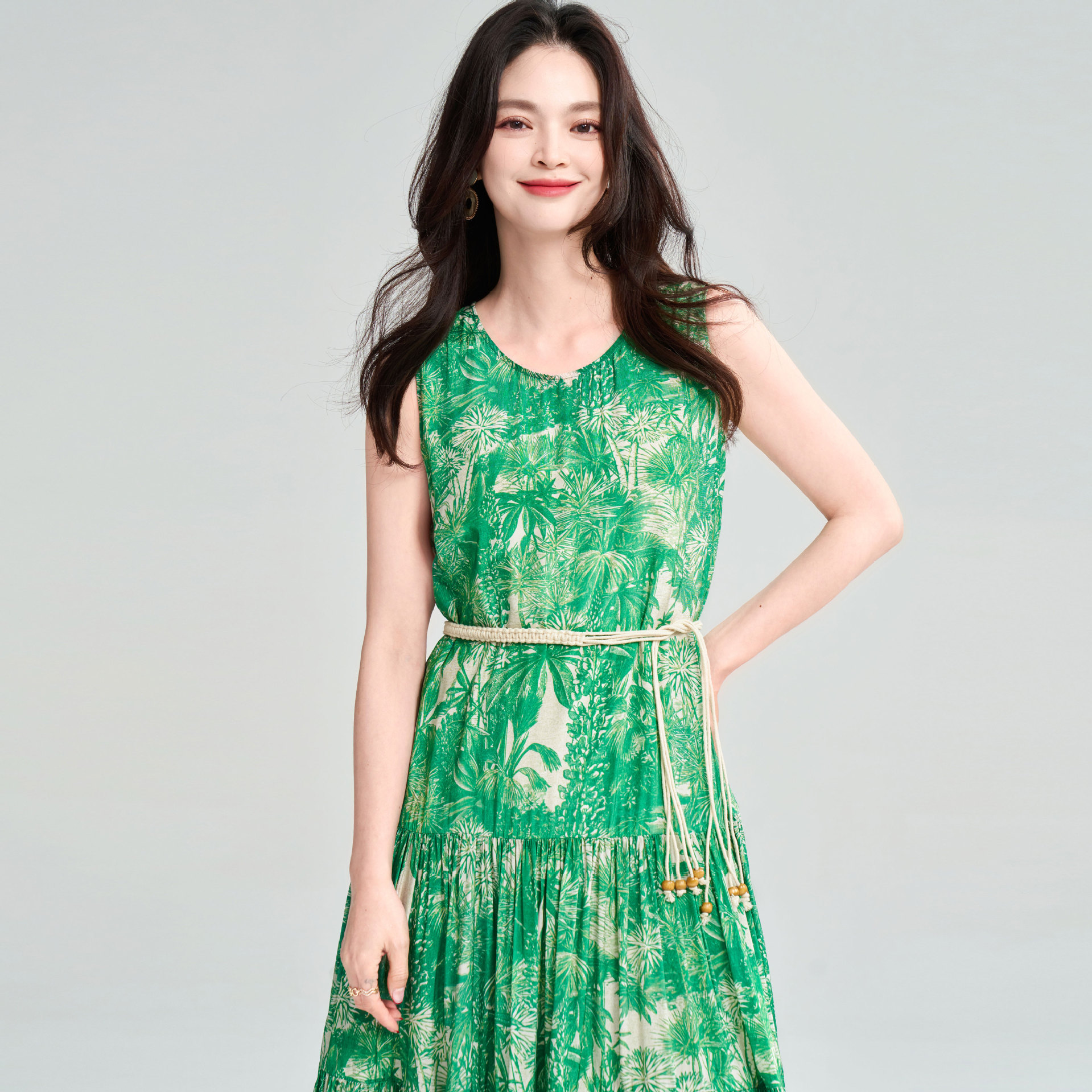 Summer Green Printing Large Skirt Vest Dress Sleeveless