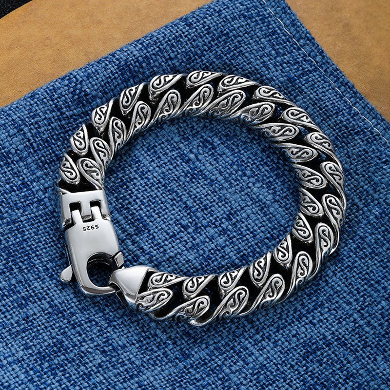 Tang Grass Pattern Silver Plated Bracelet for Men Thick Street Trendy Fashion - Picture 10 of 10