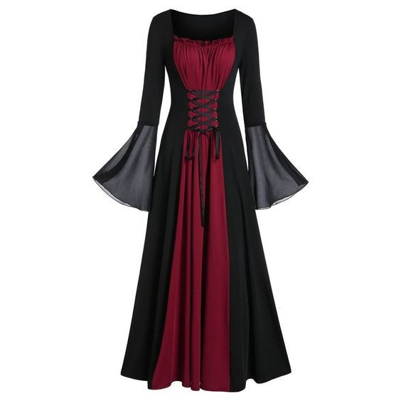 Women's Punk Stitching Lace up Loose Stitching Big Swing Dress Wine - Shop at LoveMi