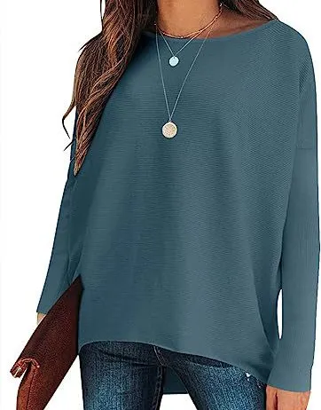High And Low Batwing Sleeve Knitted Loose Pullover Waist Top Sea Blue - Shop at LoveMi
