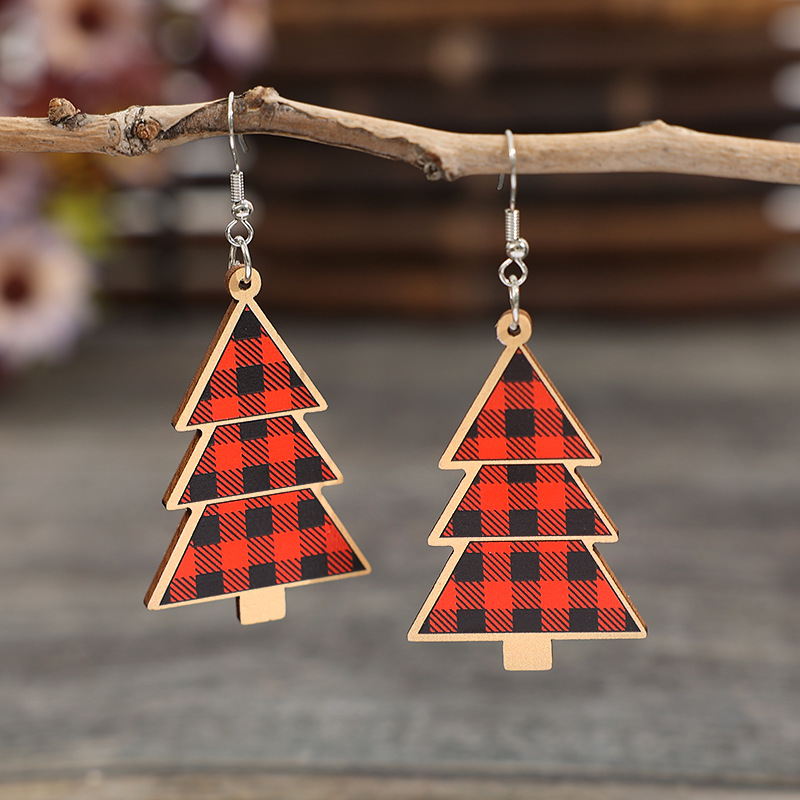 Red Plaid Christmas Tree Wood Earrings
