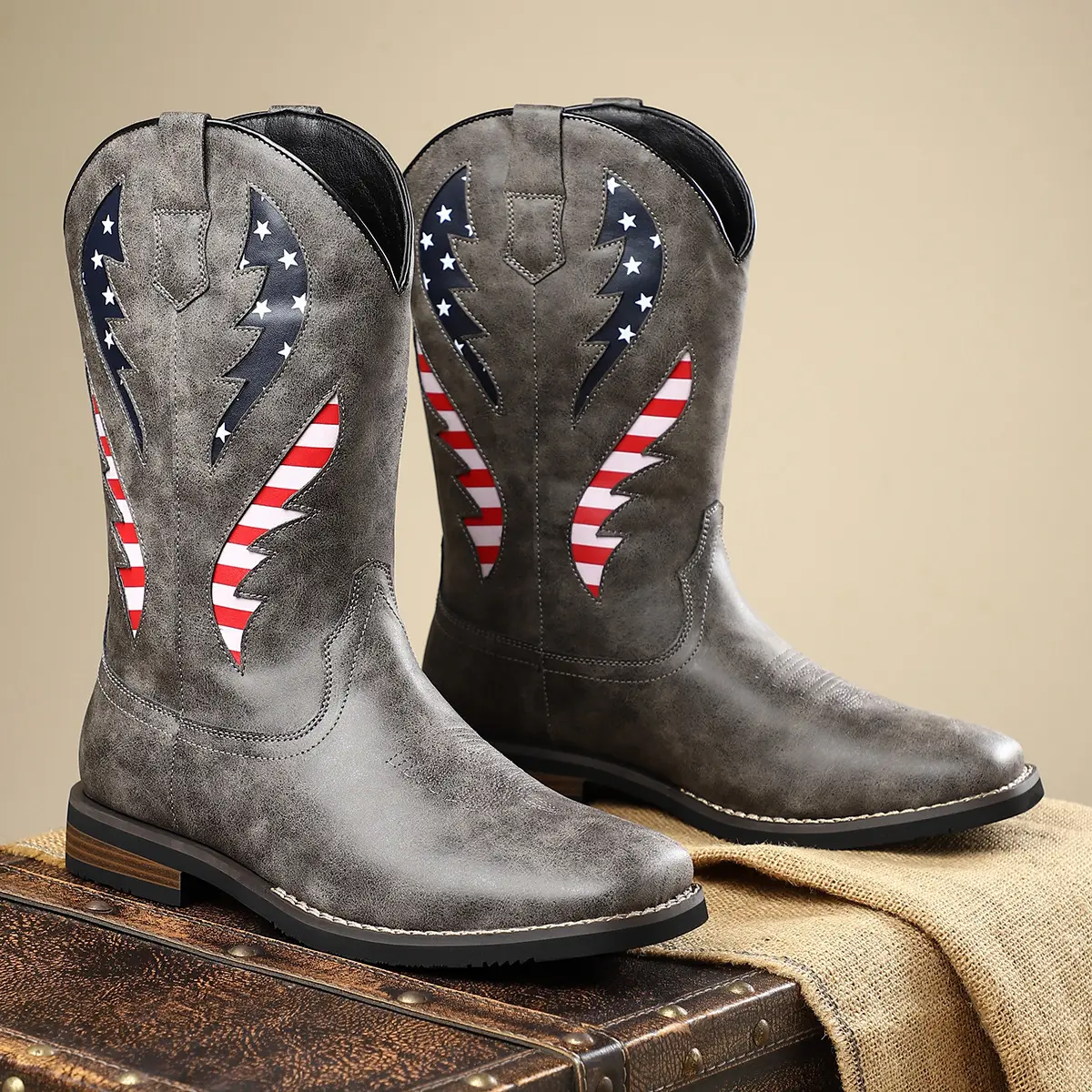 New European And American Thick-heel Leather Patchwork