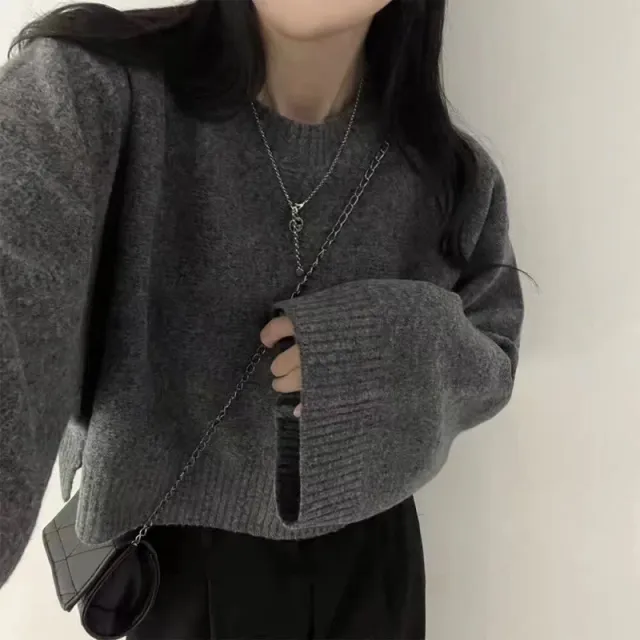 Solid Color Loose Small Short Long Sleeve Round Neck Pullover Sweater Dark Gray - Shop at LoveMi