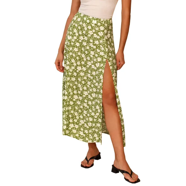 European And American Leopard Print Long Skirt High Waist Slit Hip Skirt Green Flowers - Shop at LoveMi