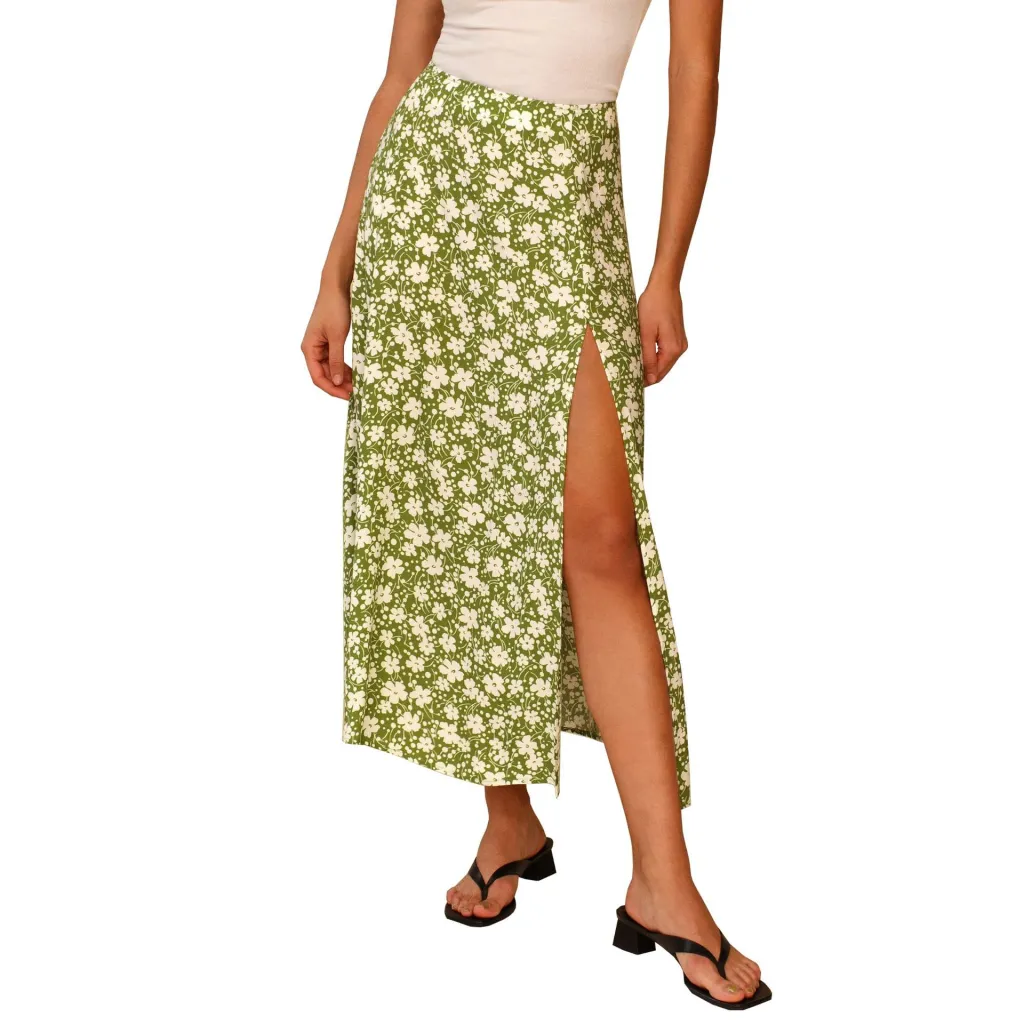 European And American Leopard Print Long Skirt High Waist Slit Hip Skirt - Green Flowers