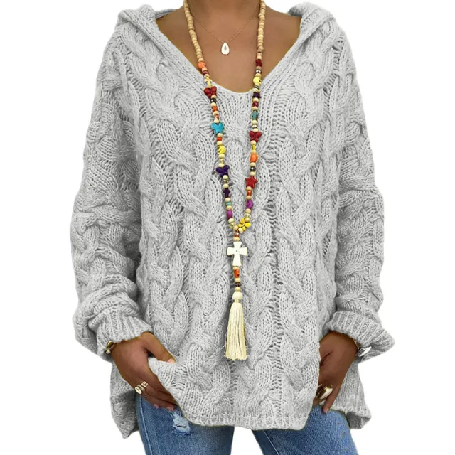 Solid Color Twist Knitted Hoodie Sweater For Women Gray - Shop at LoveMi