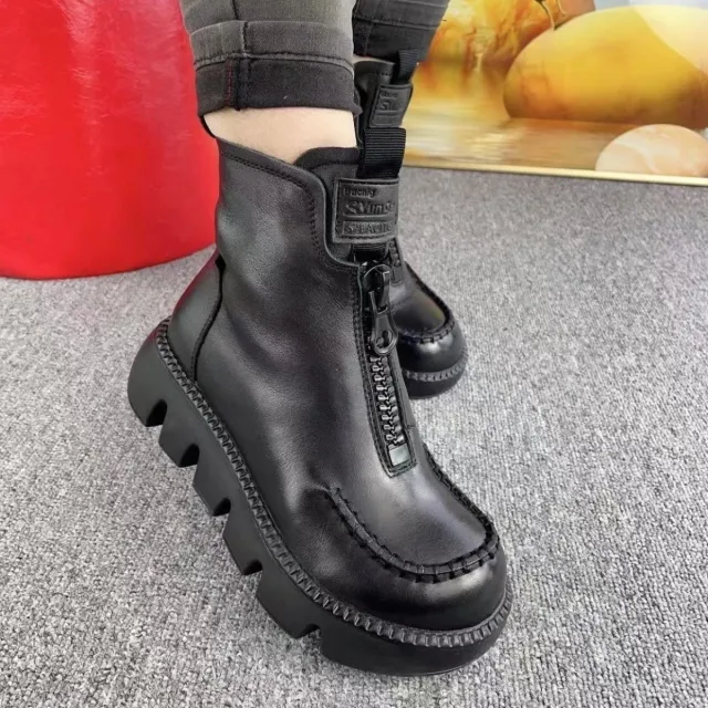 Cotton Boots Soft Full Grain Leather Retro Platform Motorcycle Boots Muffin Heel Black - Shop at LoveMi