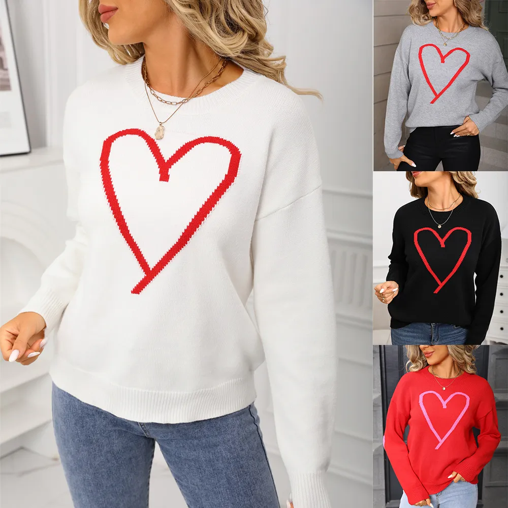 Women's Pullover Heart Knitted Sweater Top - White