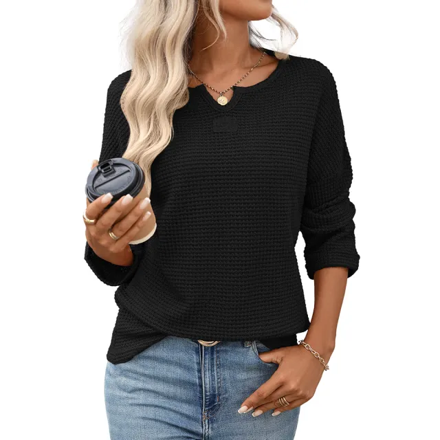Women's Autumn Striped Waffle Knitted T shirt Solid Black - Shop at LoveMi