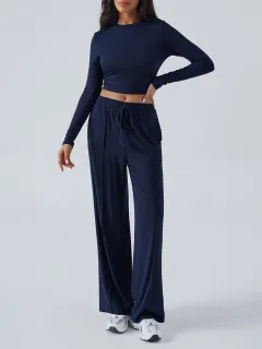 Tether Solid Colour Waist Tight Fashion Wide Leg Casual Trousers Suit - Dark Blue - View 1