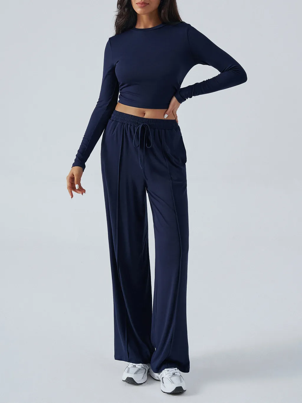 Tether Solid Color Waist Tight Fashion Wide Leg Casual Trousers Suit - Dark Blue