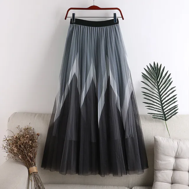 Autumn And Winter Printing Pleated Skirt High Waist Slimming Mesh Color Contrast Patchwork Black - Shop at LoveMi