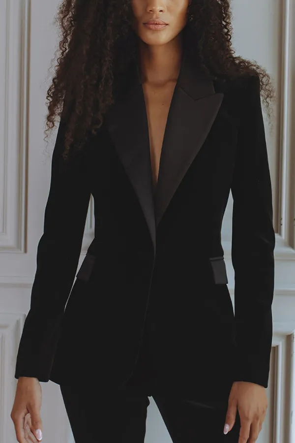 Womens Solid Color Casual Long Sleeve Blazer And Pants Set Black - Shop at LoveMi