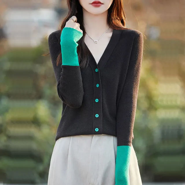 V neck Color Stitching Knitted Cardigan Coat Loose Thin Slimming Women's Sweater Green - Shop at LoveMi