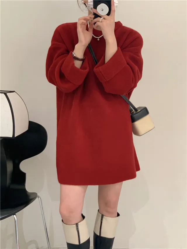 Medium Length Loose Thick Pullover Soft Glutinous Bottoming Sweater Red - Shop at LoveMi