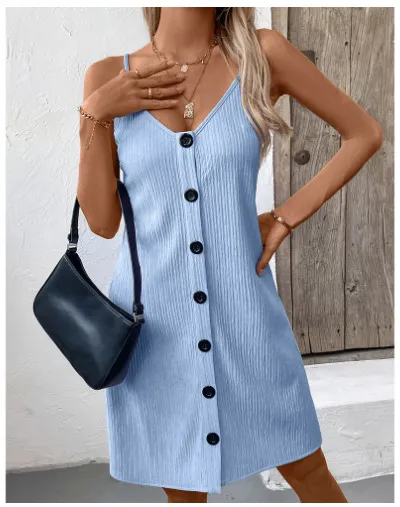 Women's Fashion Personalised Solid Colour Sling Dress - Sky Blue