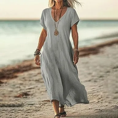 Loose Solid Color And V neck Cotton And Linen Dress Gray - Shop at LoveMi